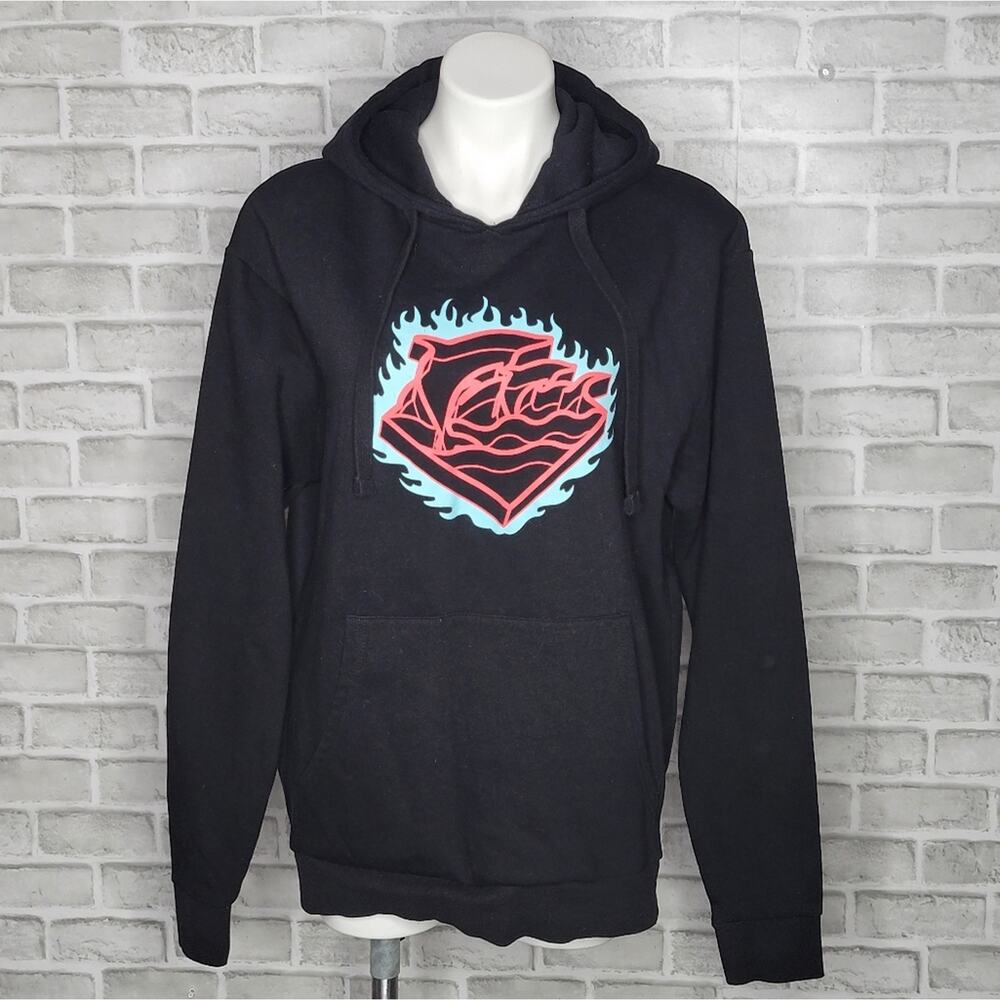 Pink Dolphin Slow Burn Coral & Cyan Graphic Black Hoodie, size Large